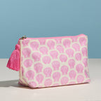 Pink Seashell Print Cosmetic Pouch | Zipper Makeup Bag with Tassel
