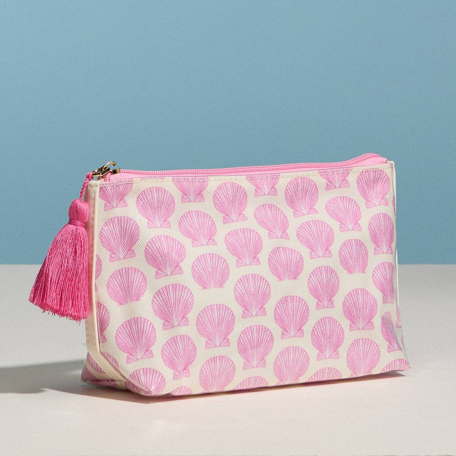 Pink Seashell Print Cosmetic Pouch | Zipper Makeup Bag with Tassel