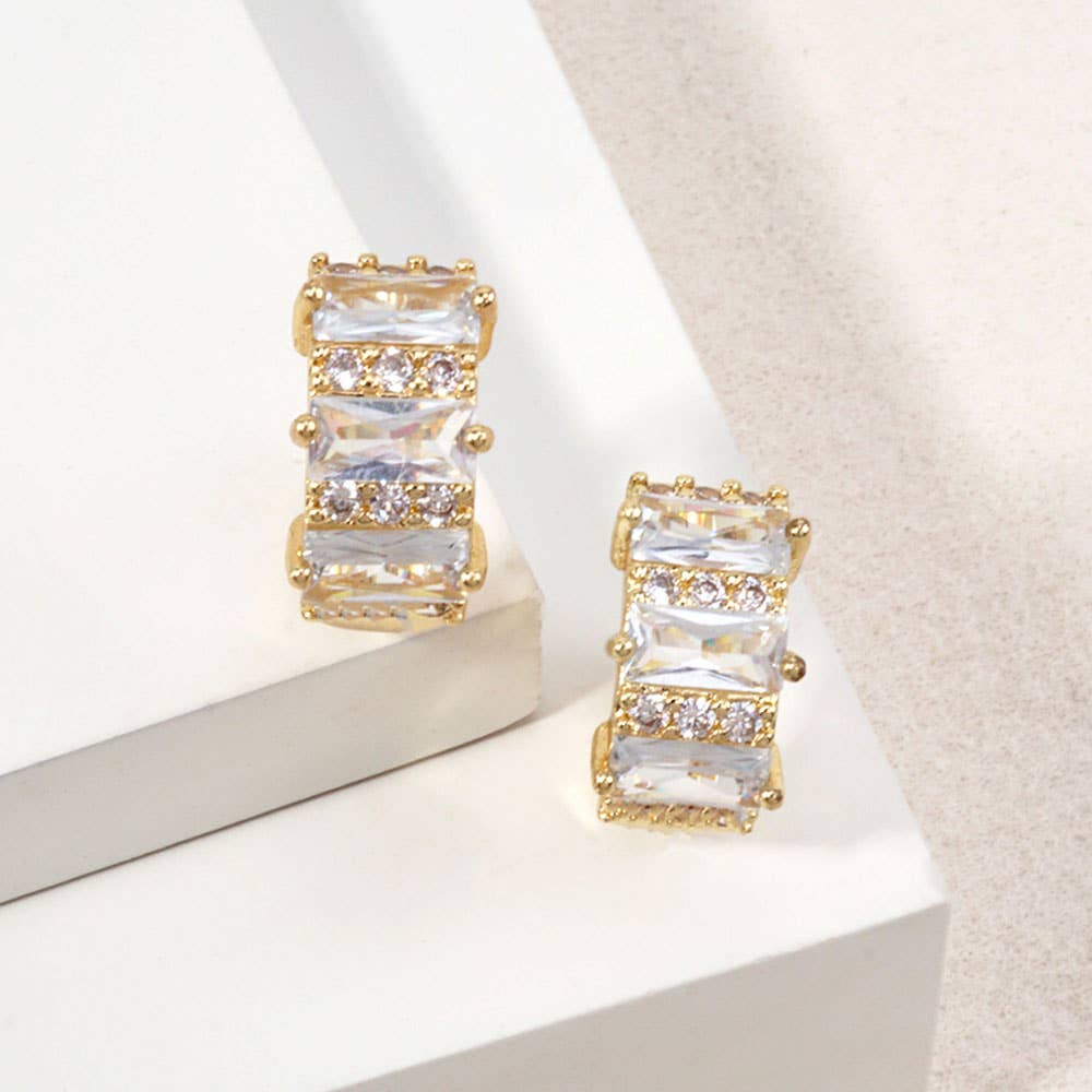14K Gold Dipped Geometric CZ Baguette Huggie Hoop Earrings
