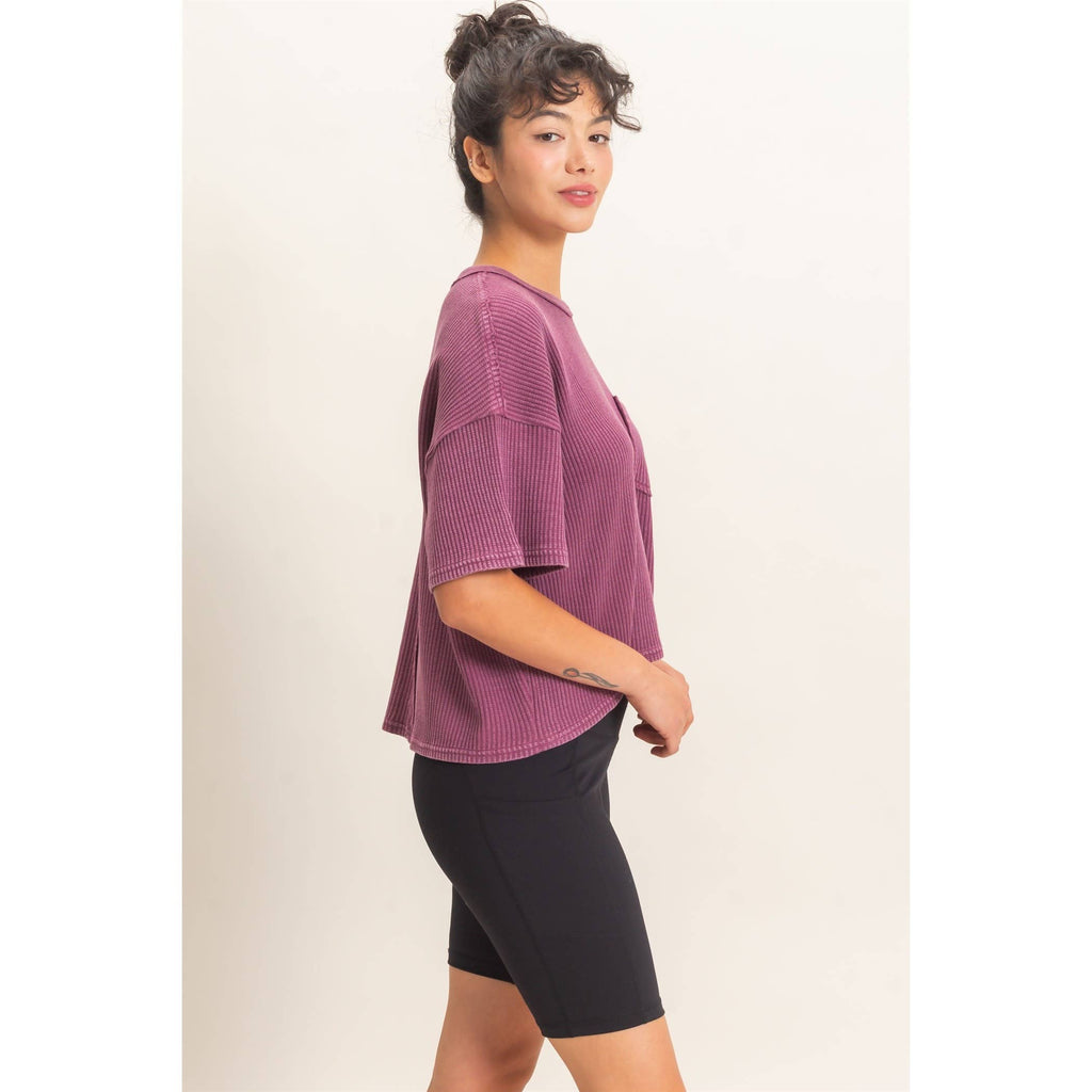 Mineral Wash Waffle Knit Pocket Top