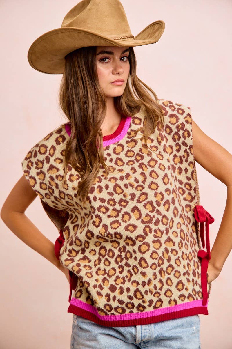 Leopard Pattern Side Tied Sweater Vest Top