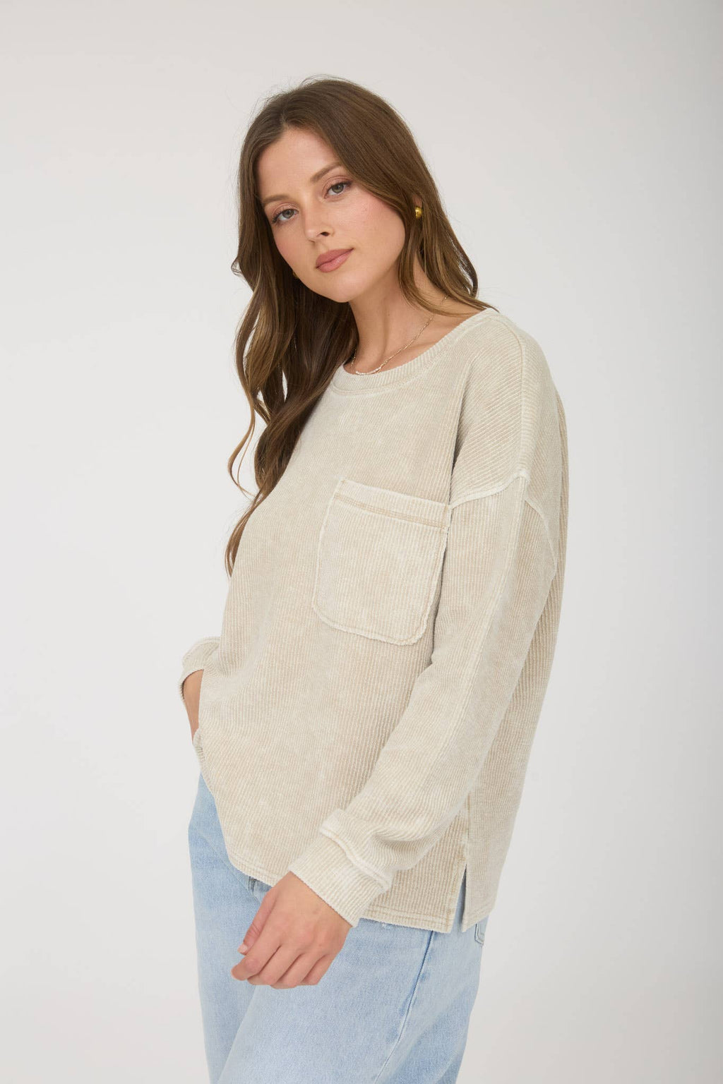 WASHED POCKET DETAIL LONG SLEEVE RIB KNIT TOP