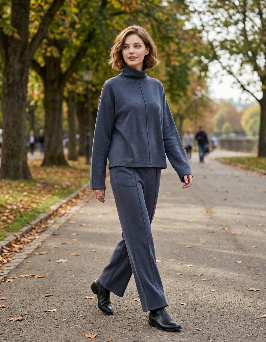 Mock Neck Top & Straight Long Pants 2PC Set