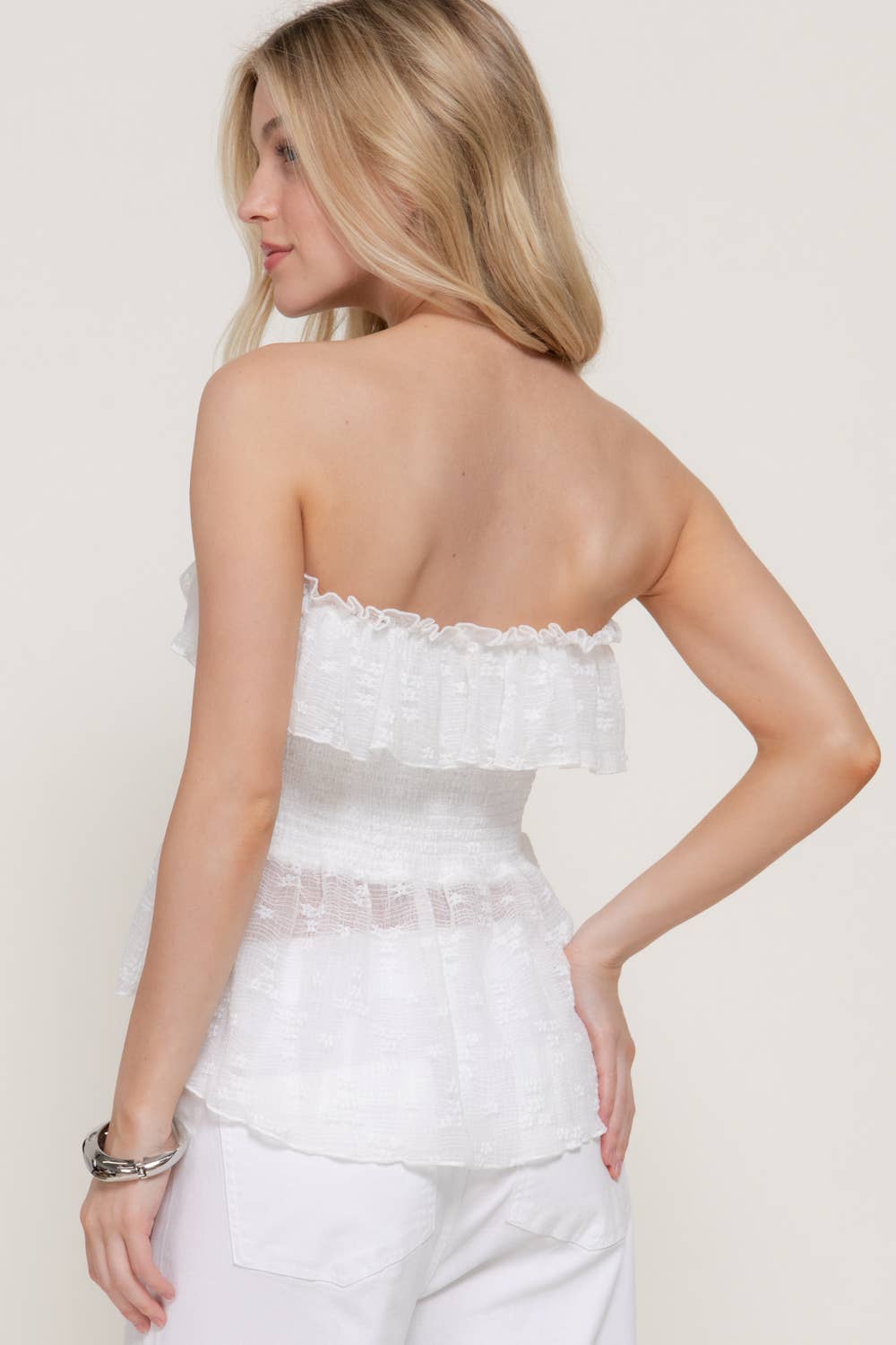 Waist Smocking & Ruffle Detail Stretch lace Tue Top