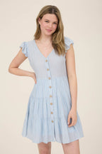STRIPE V NECK BUTTON DOWN TIERED MINI DRESS