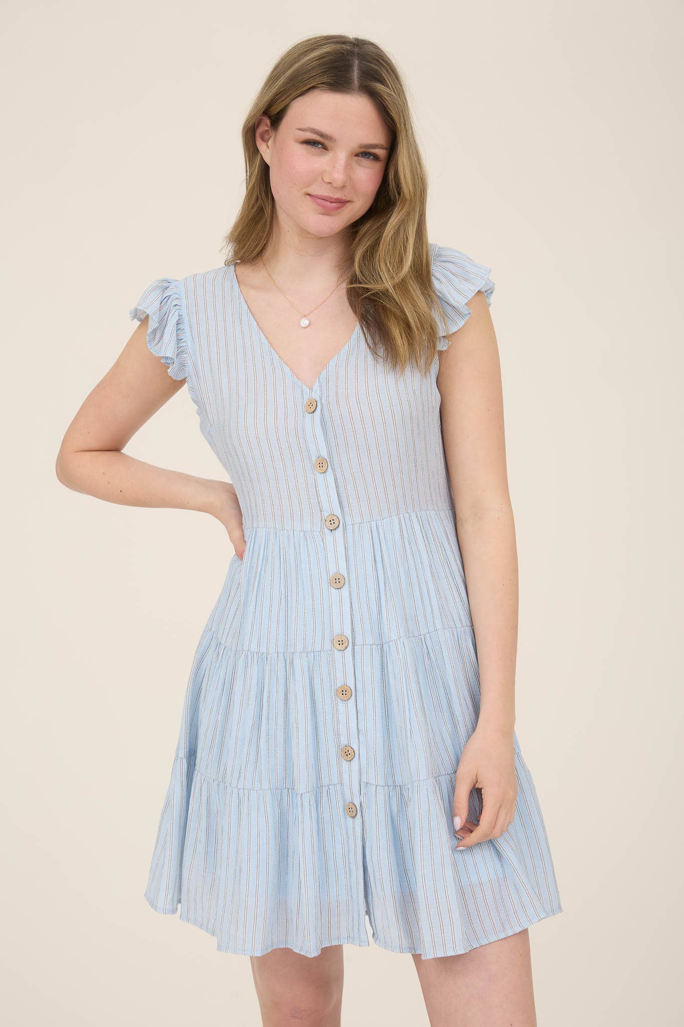 STRIPE V NECK BUTTON DOWN TIERED MINI DRESS