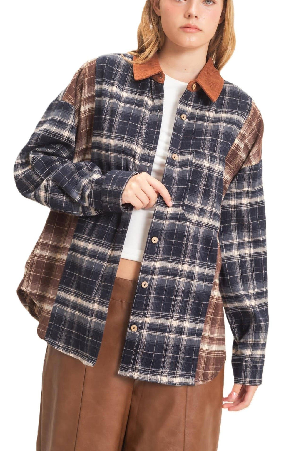 Plaid Button-up Shirt With Corduroy Collar
