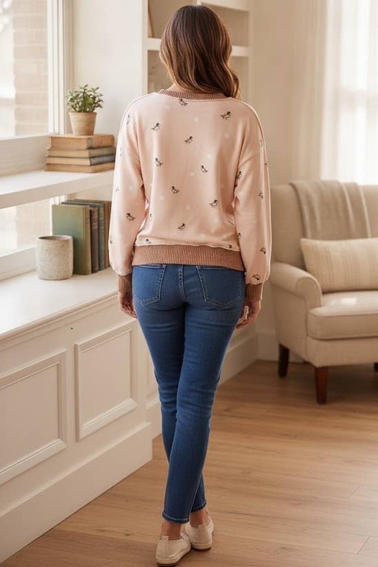 Darling Duck Print Button Neck Top