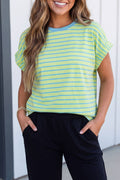 LAS Striped Elastic Cuffed Short Sleeve Casual Top (S-XL)