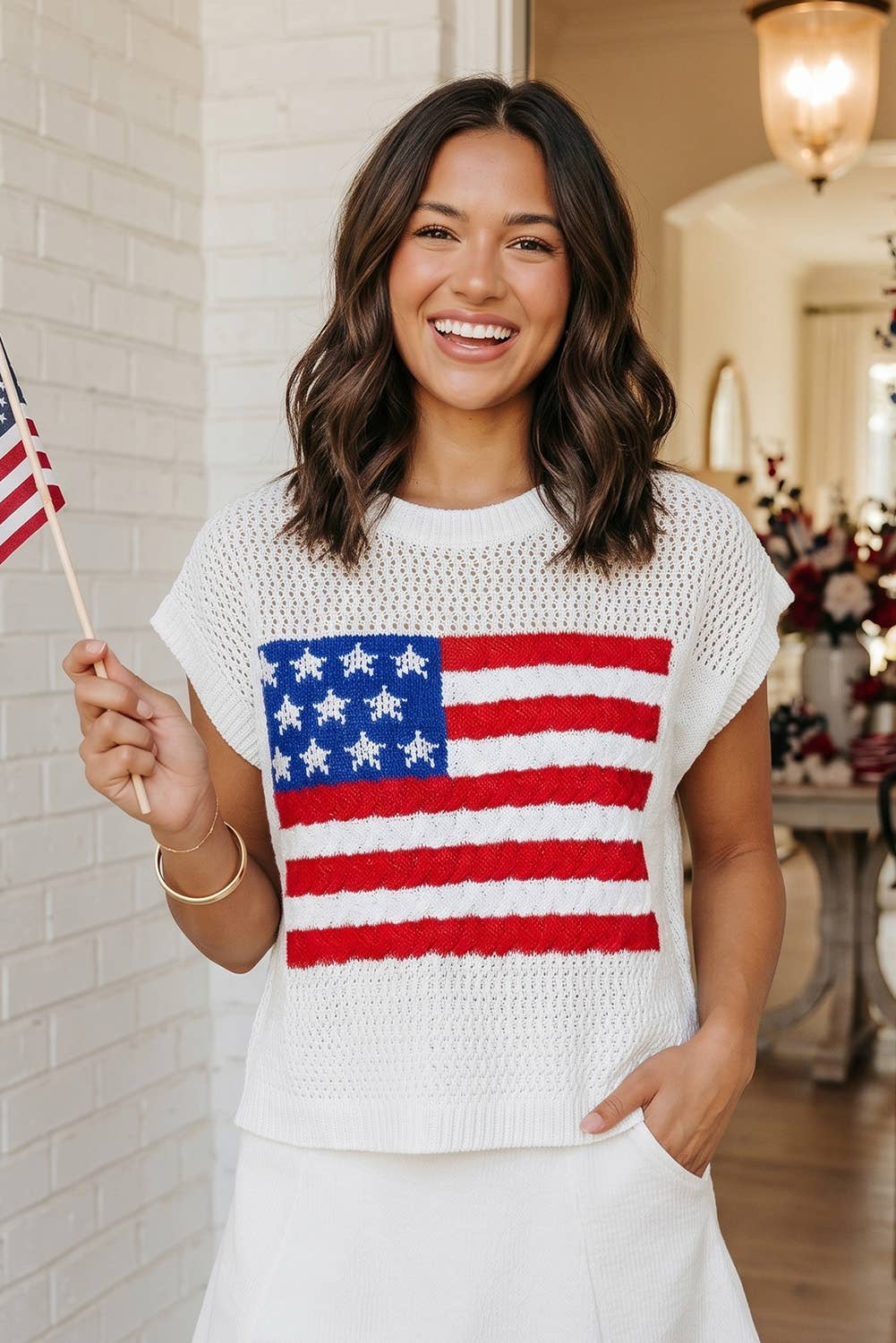 LAS Flag Graphic Short Sleeve Sweater Top (S-XL)