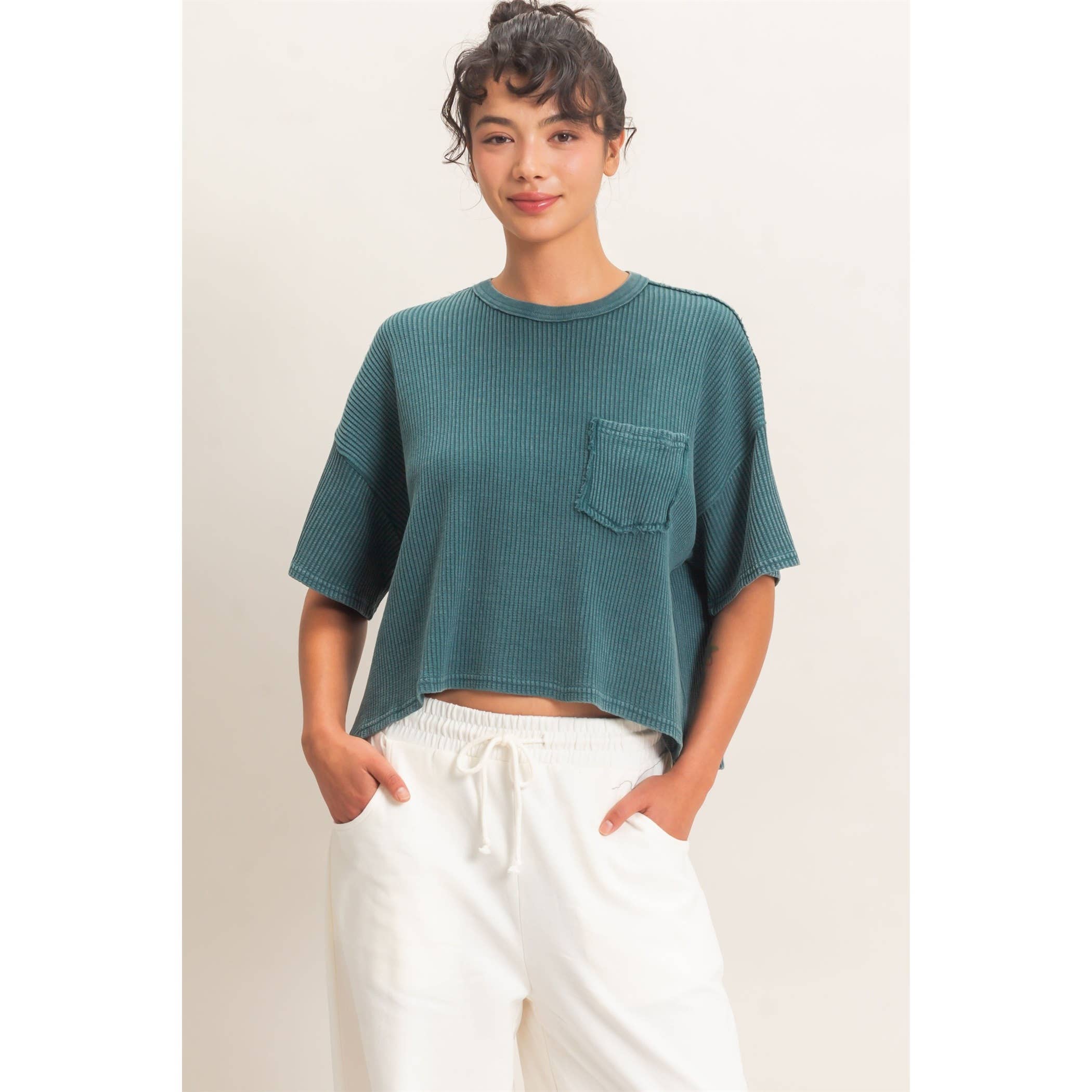 Mineral Wash Waffle Knit Pocket Top