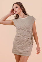 ND31733-Stripe Knit Sleeveless Mini Dress W/ Tie Detail