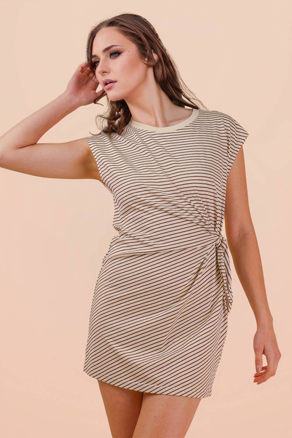ND31733-Stripe Knit Sleeveless Mini Dress W/ Tie Detail