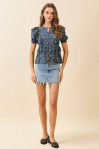 CT9658-Floral Print Front Keyhole Layered Peplum Hem Top
