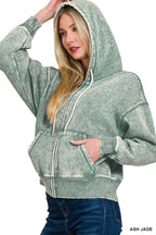 Acid Wash Fleece Cropped Zip-up Hoodie W Pockets