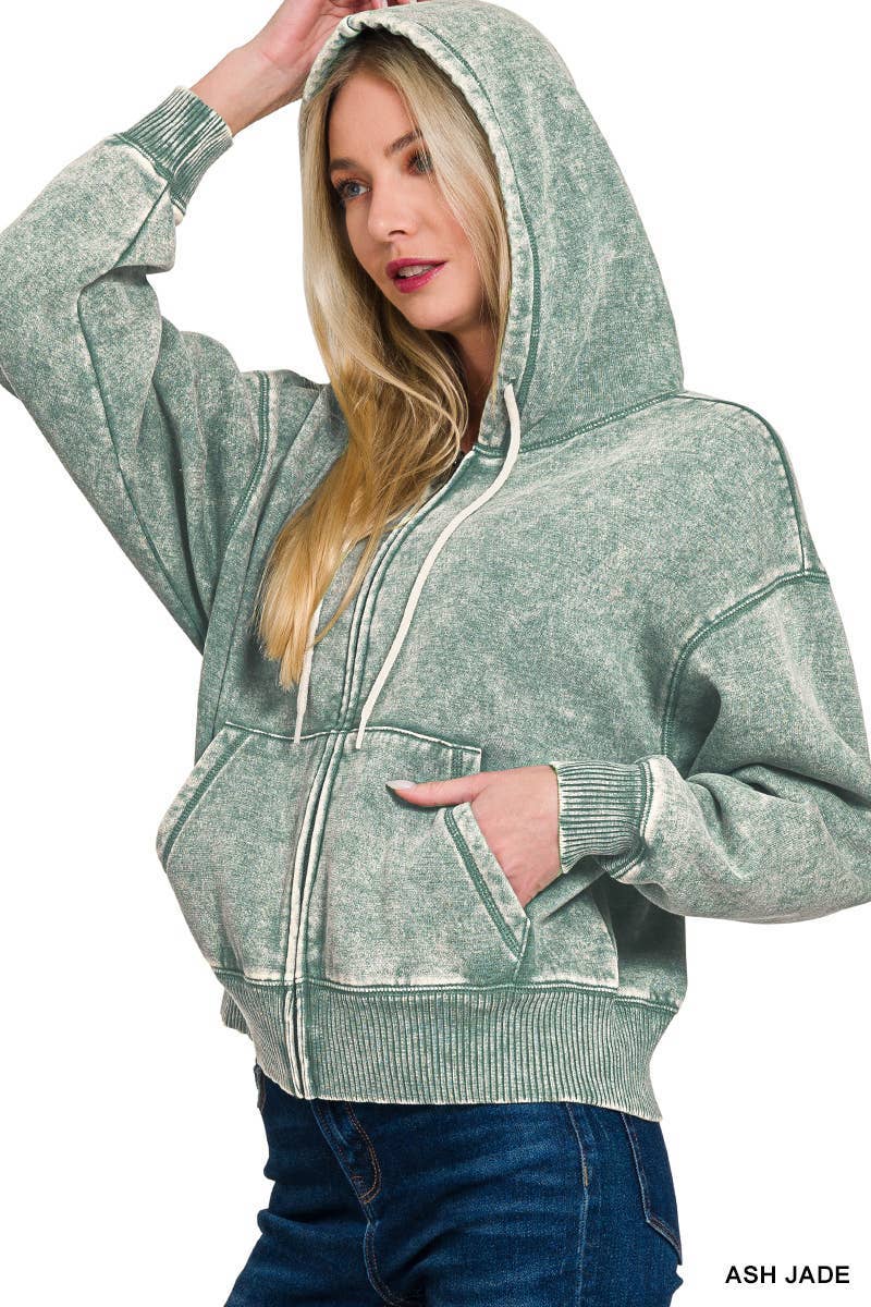 Acid Wash Fleece Cropped Zip-up Hoodie W Pockets