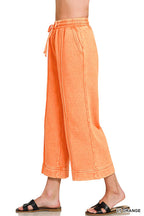 Acid Washed Fleece Pintuck Wide Leg Cropped Pants w/ Pockets