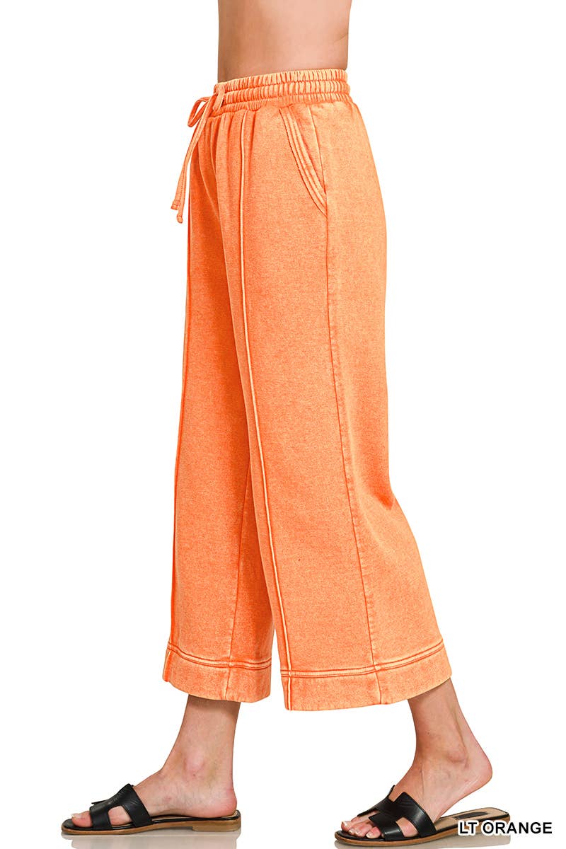 Acid Washed Fleece Pintuck Wide Leg Cropped Pants w/ Pockets
