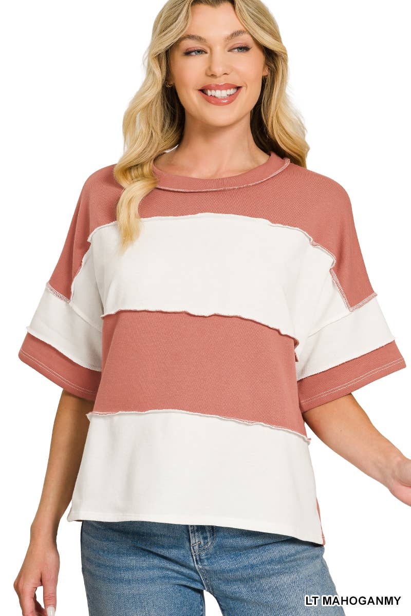 French Terry Color Block Exposed Seam Top