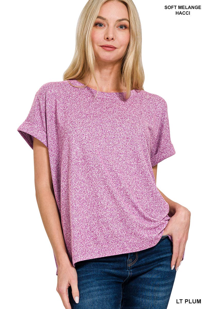 Soft Melange Folded Sleeve Round Neck Top - Zenana