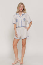 Short Sleeve Edge Stitch & Embroidered Boxy Shirt