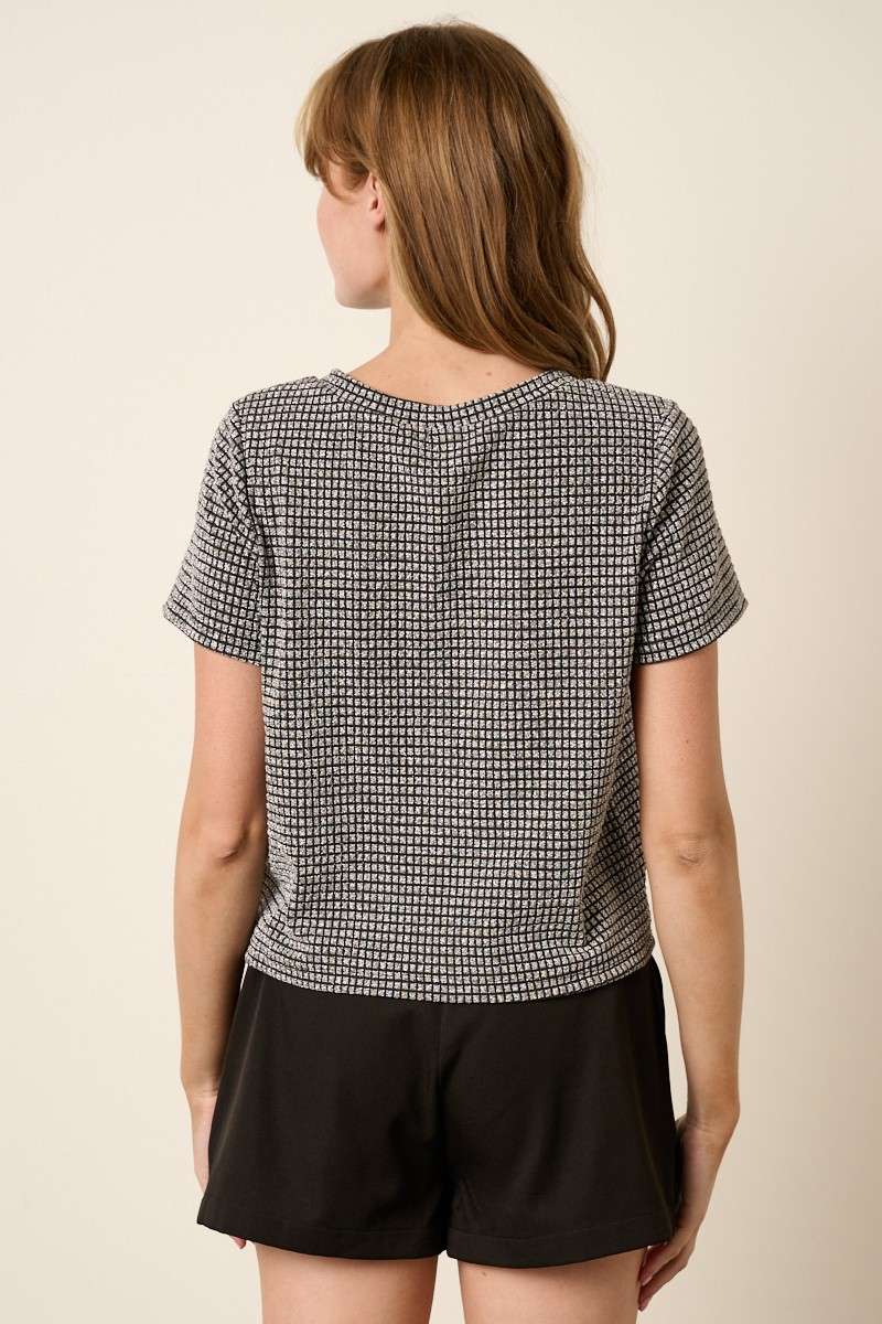 T10373B - GEO PATTERN METALLIC SHORT SLEEVE TOP