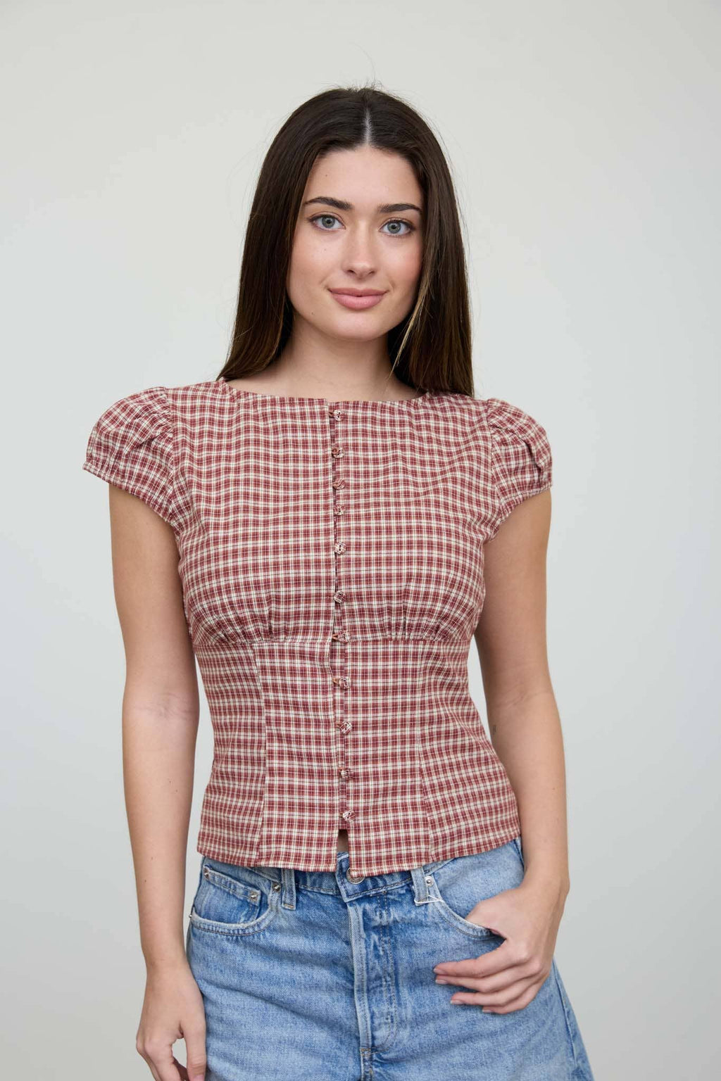 PLAID BUTTON DOWN PUFF SLEEVE CONTOURED WAIST TOP
