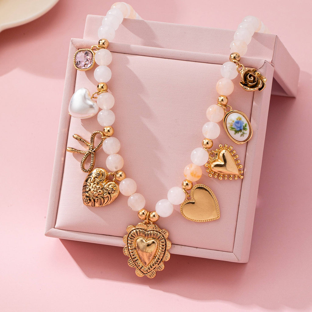 White Beaded Porcelain heart Multi-Charm Necklace | 80N92684