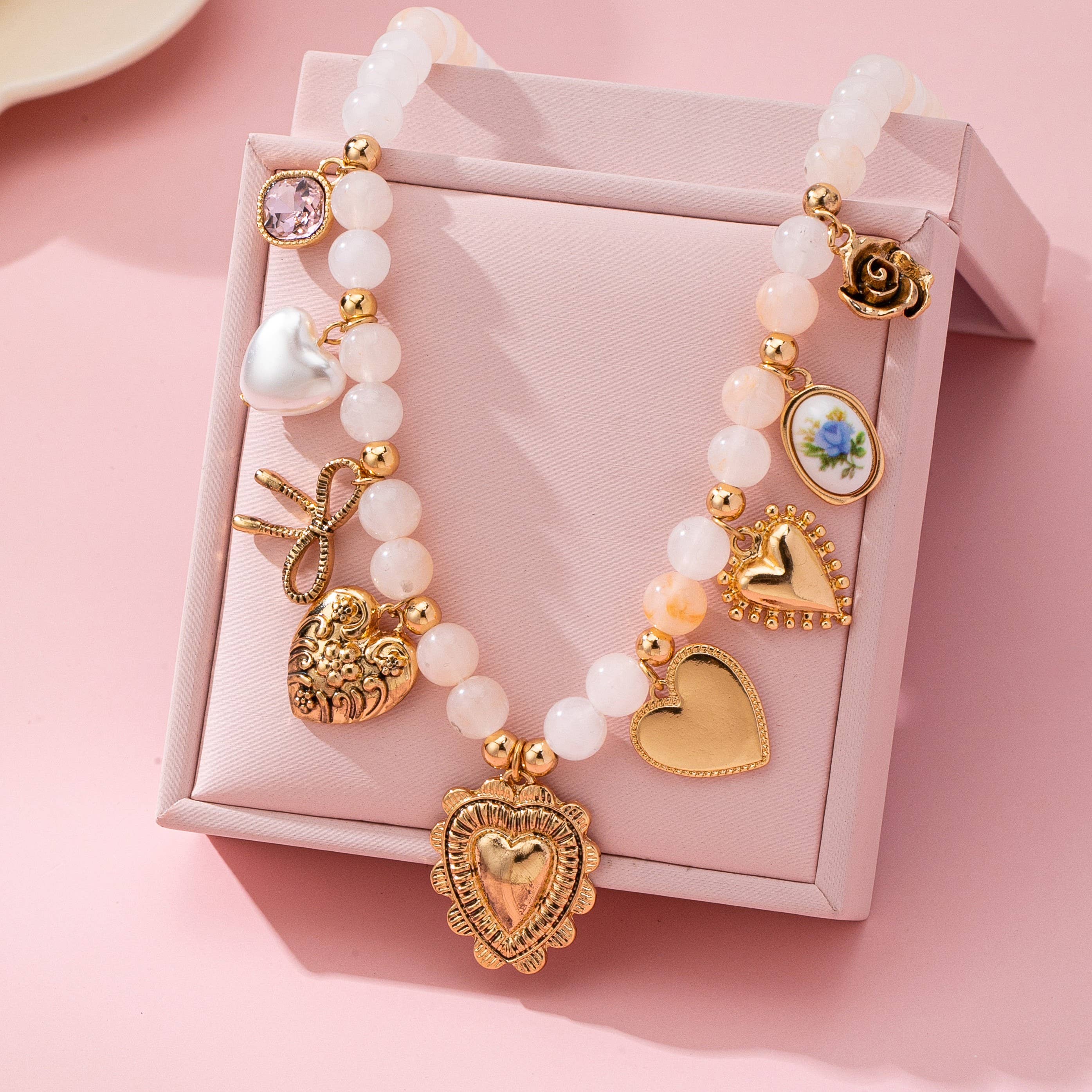 White Beaded Porcelain heart Multi-Charm Necklace | 80N92684