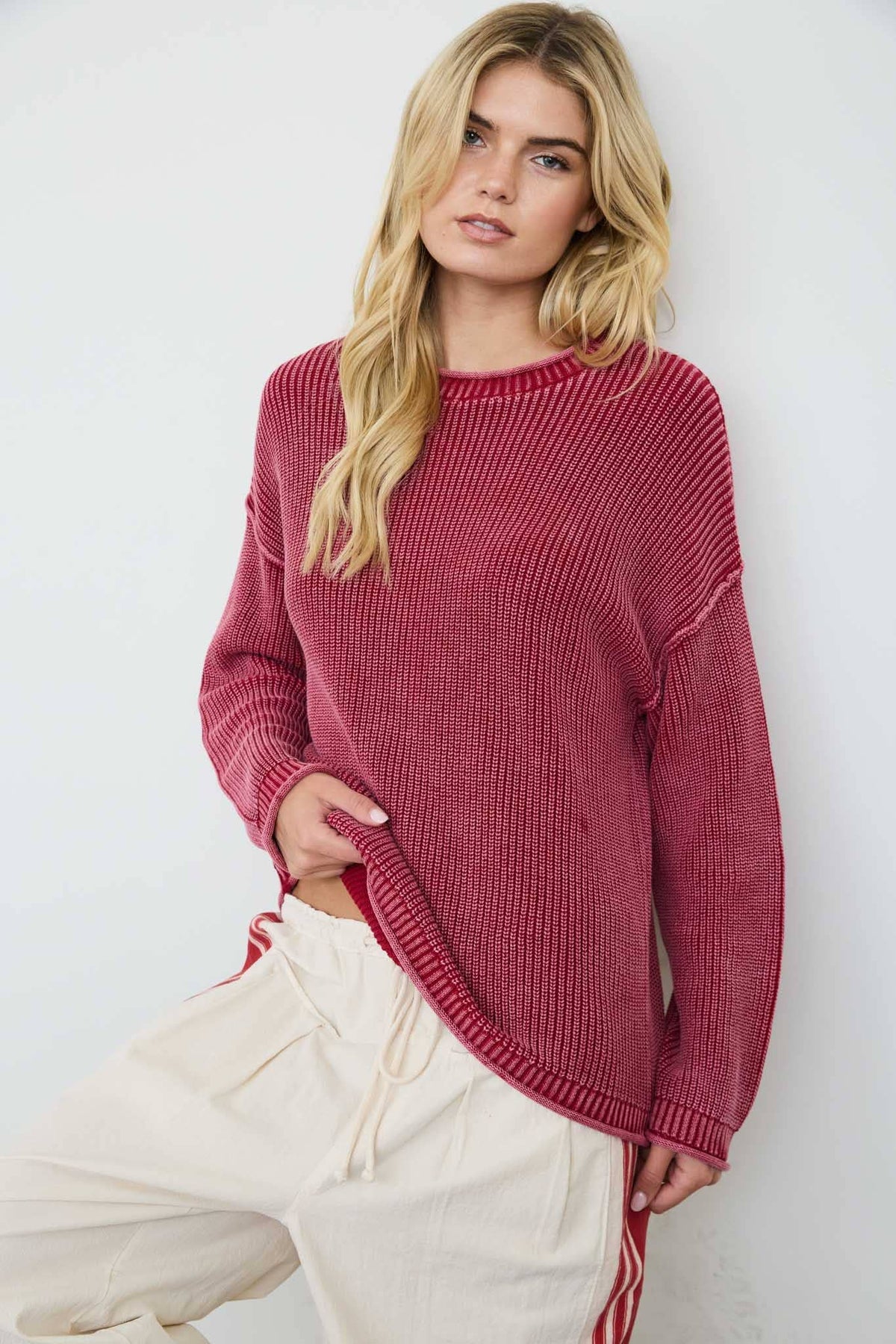 WASHED RAW EDGE DROP SHOULDER SWEATER