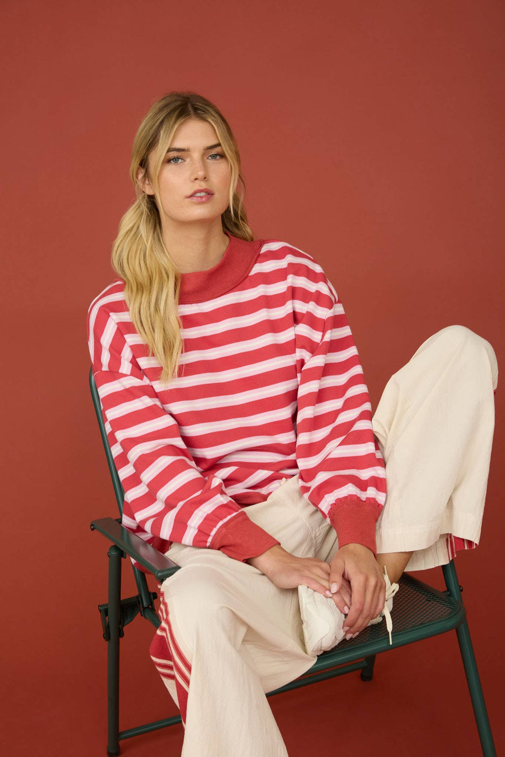 CONTRAST WIDE NECK LONG SLEEVE STRIPE KNIT TOP (PRE-ORDER)