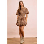 LEOPARD BOW TIE ATTACHABLE PUFF SLEEVES DRESS