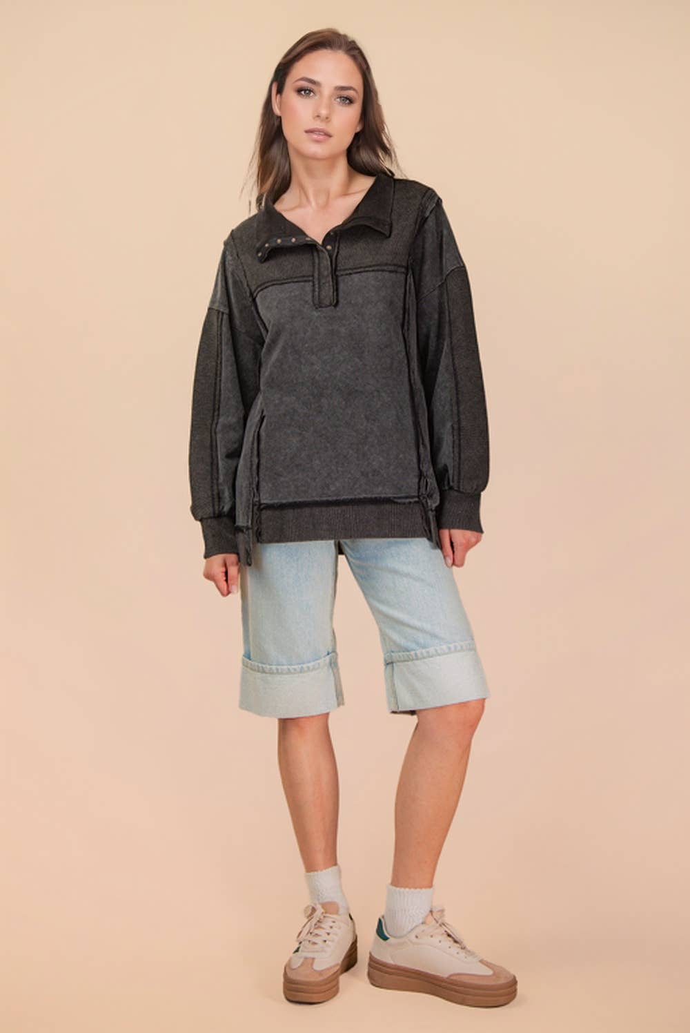 NT12365-Half Button Down Oversized Contrast Knit Top
