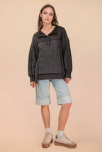 NT12365-Half Button Down Oversized Contrast Knit Top