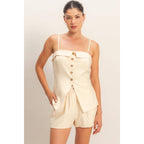 Strap Buttoned Top And Shorts Set