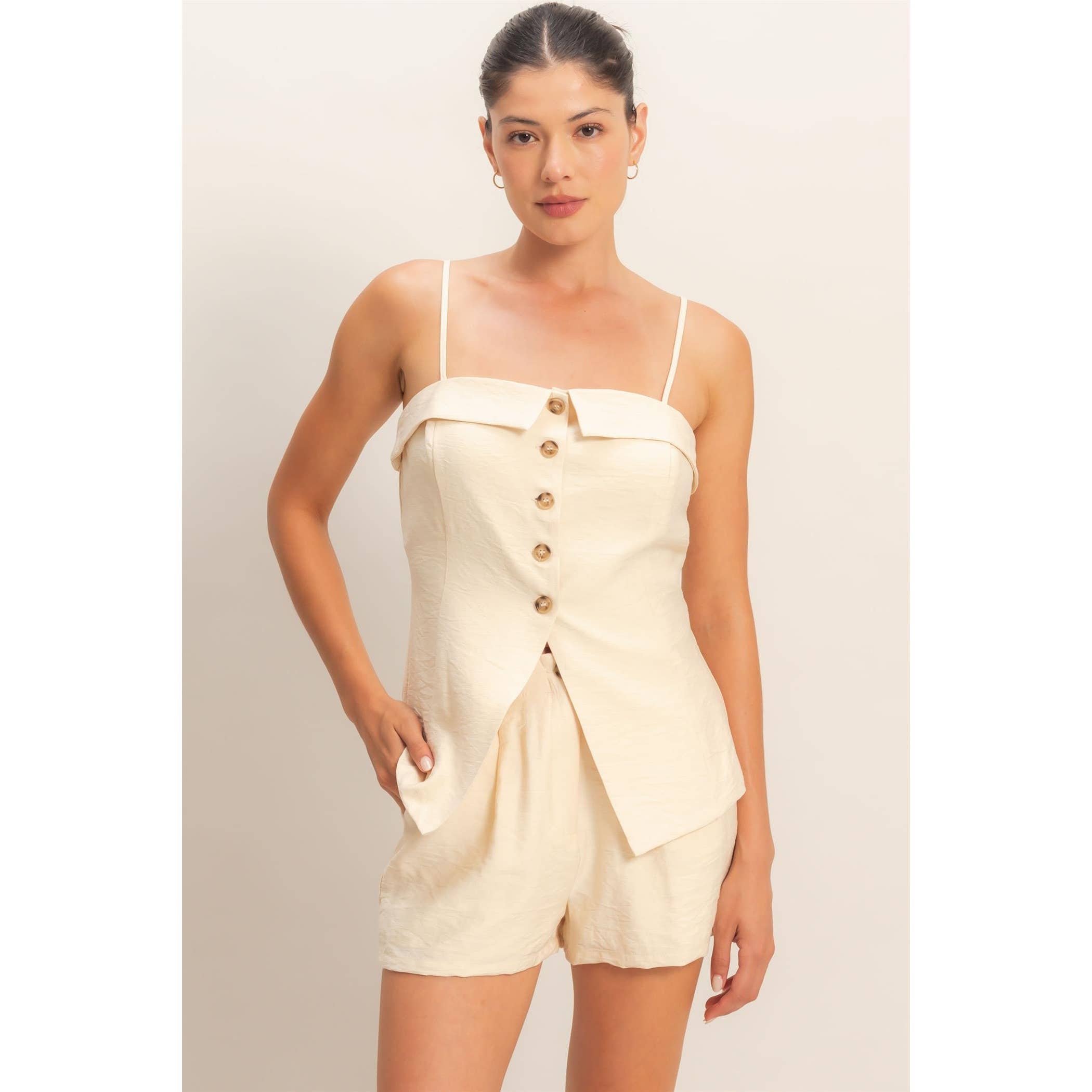 Strap Buttoned Top And Shorts Set