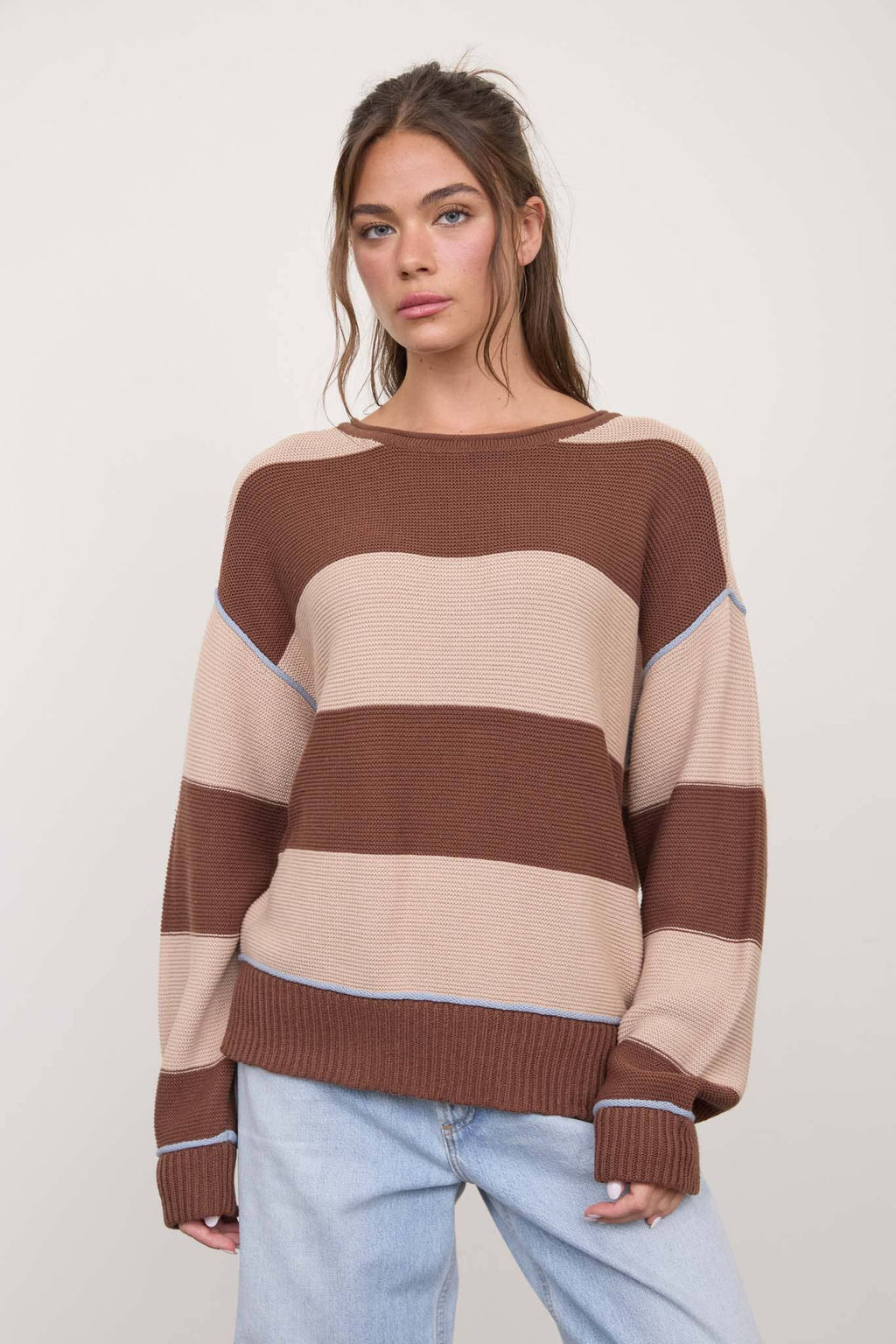 WIDE STRIPE TEXTURED KNIT CONTRAST KNIT CARDIGAN