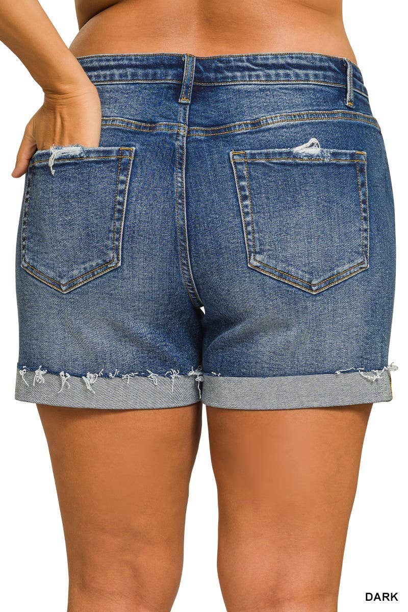 Plus Distressed Cuffed Raw Hem Denim Shorts