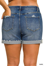 Plus Distressed Cuffed Raw Hem Denim Shorts