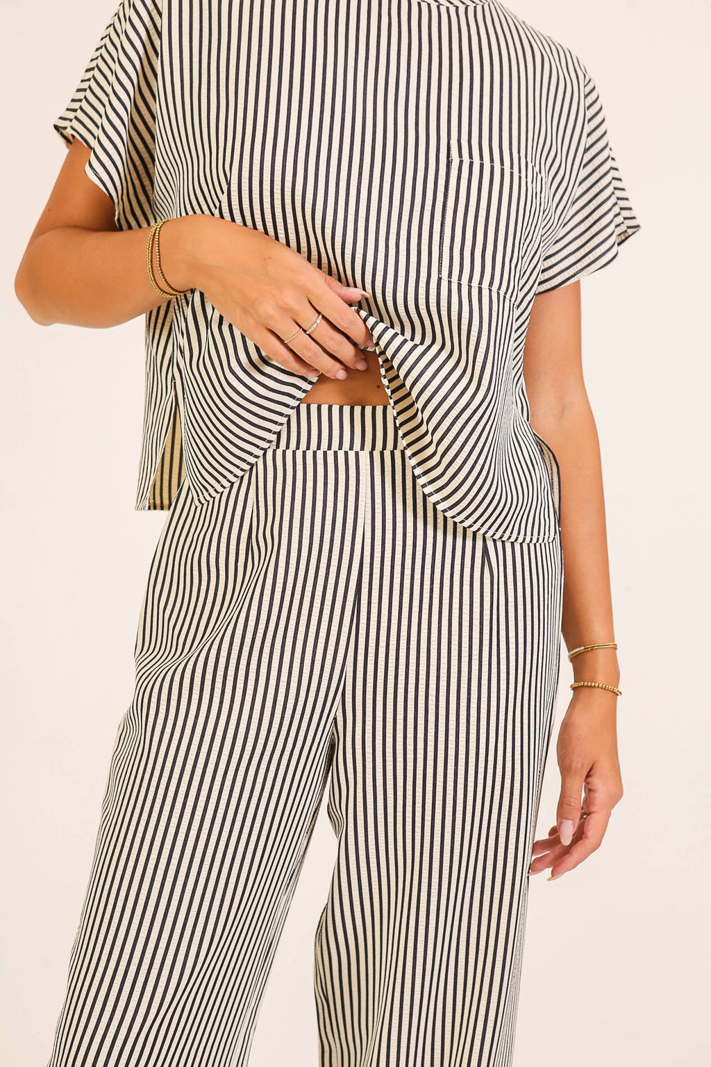 Striped Textured Top & Wide Leg Pant Set