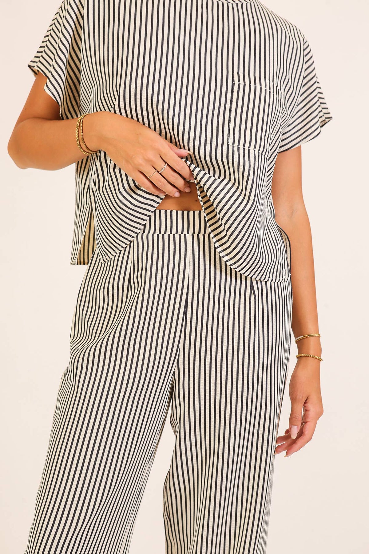 Striped Textured Top & Wide Leg Pant Set