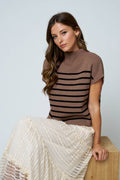 STRIPE MOCK NECK SHORT SLEEVE KNIT SWEATER