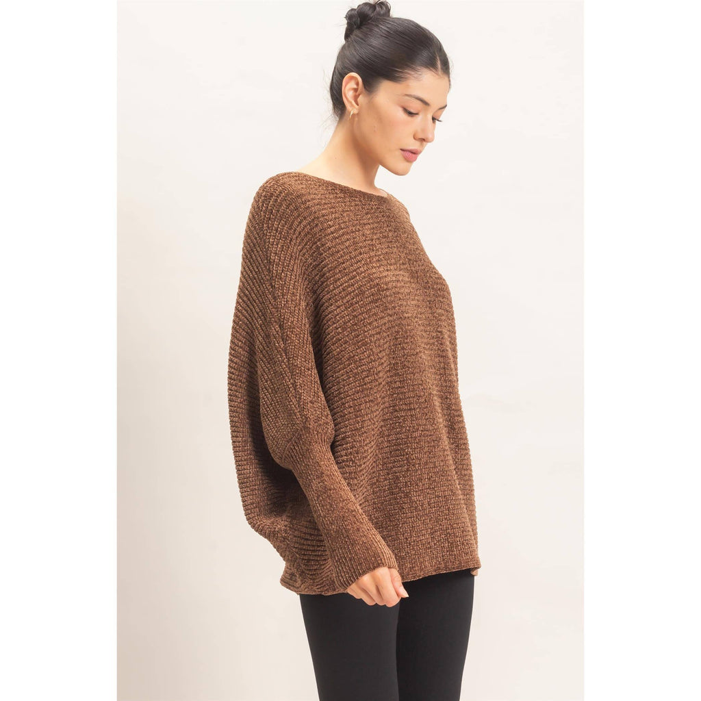 Chenille Boat Neck Dolman Sleeve Sweater