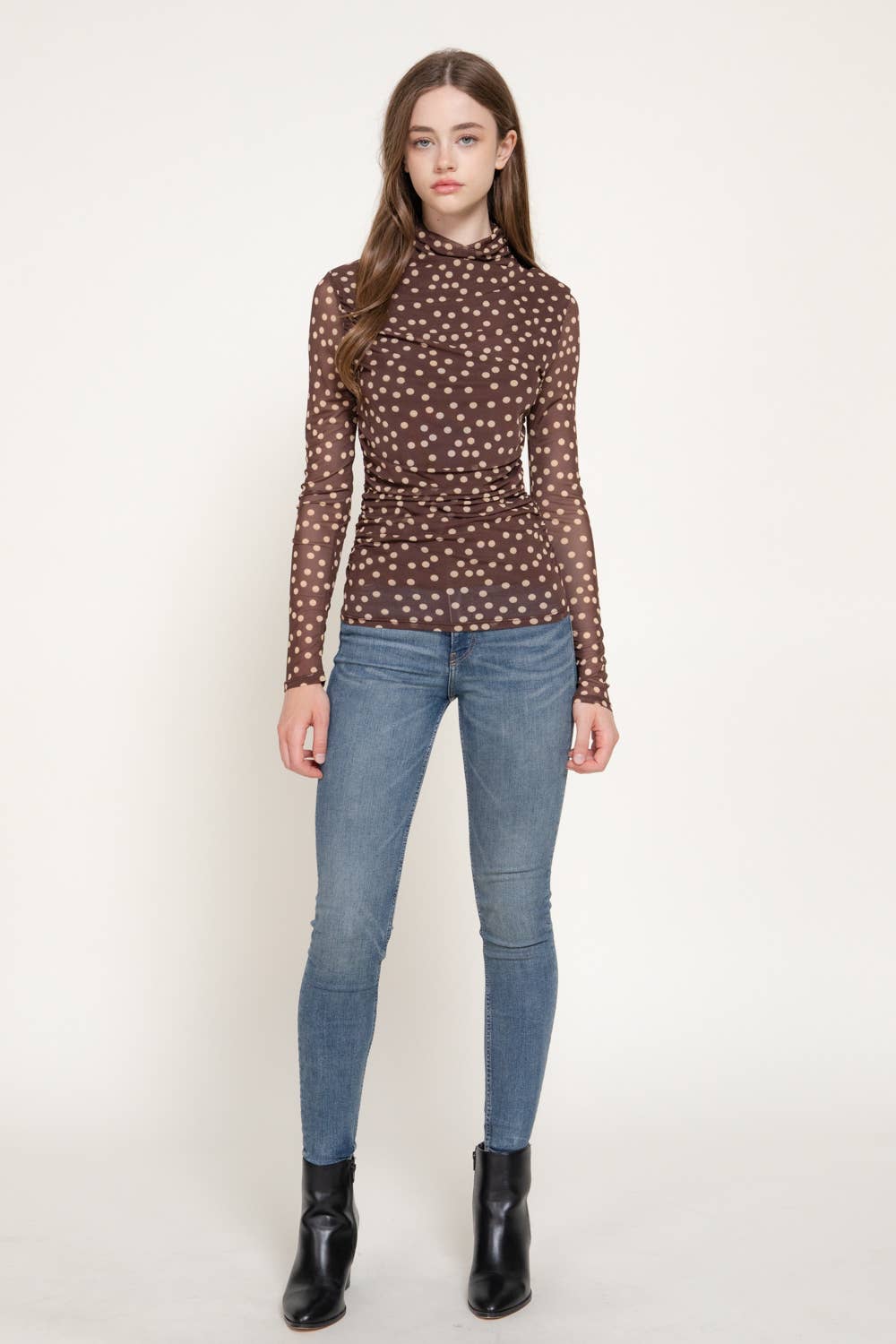 Long Sleeve High Neck Ruched Dot Print Mesh Top