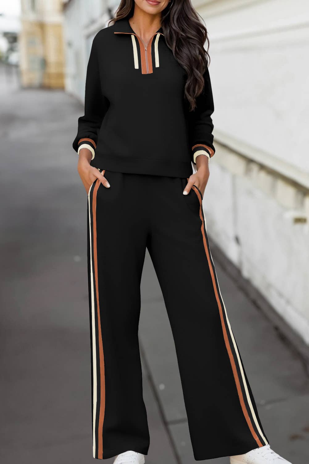 Striped Trim Zip Collared Pullover + Pants Set