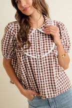 Gingham Check Lace Trimmed Short Blouse