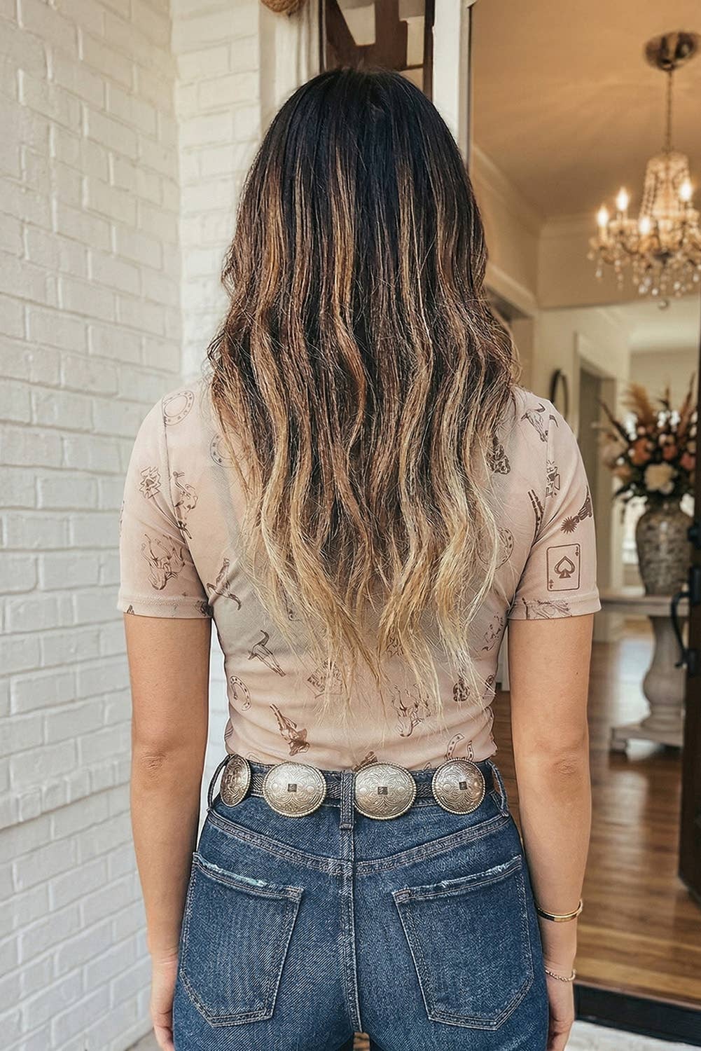 Retro Floral Printed Mesh Western Top