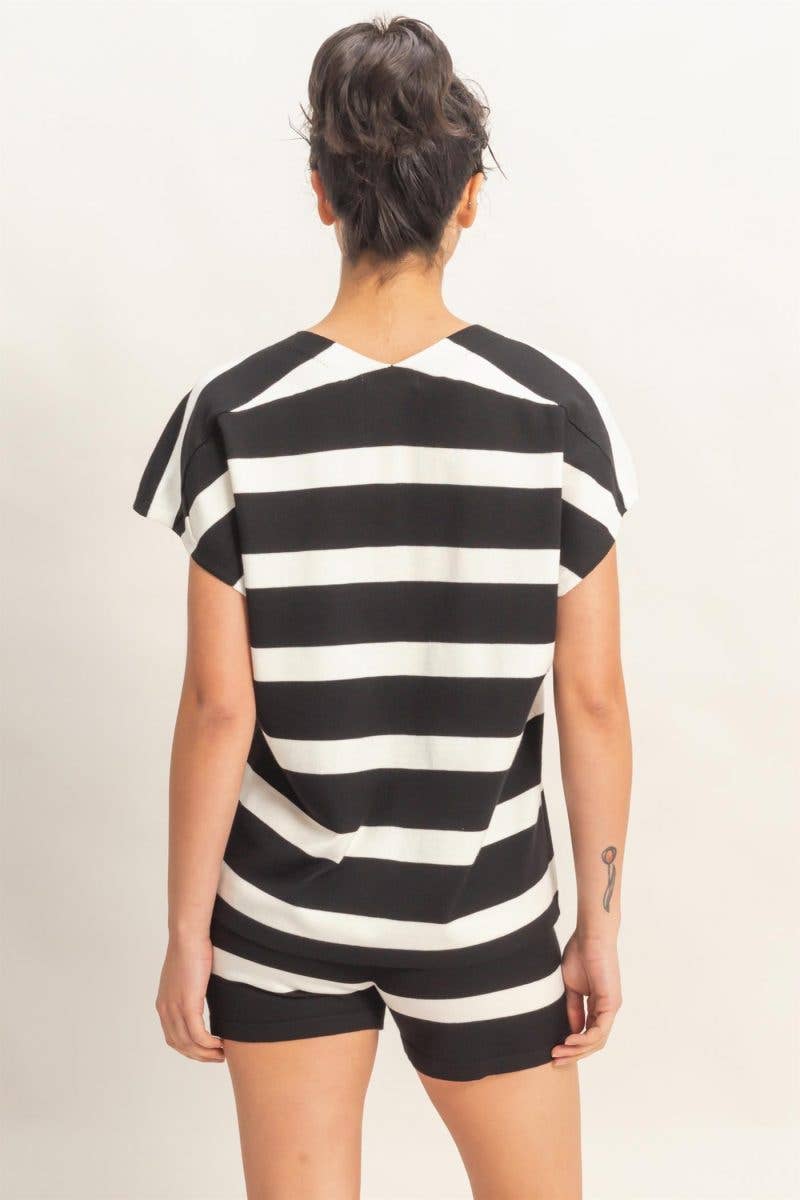 V-neck Top N Striped Shorts Set