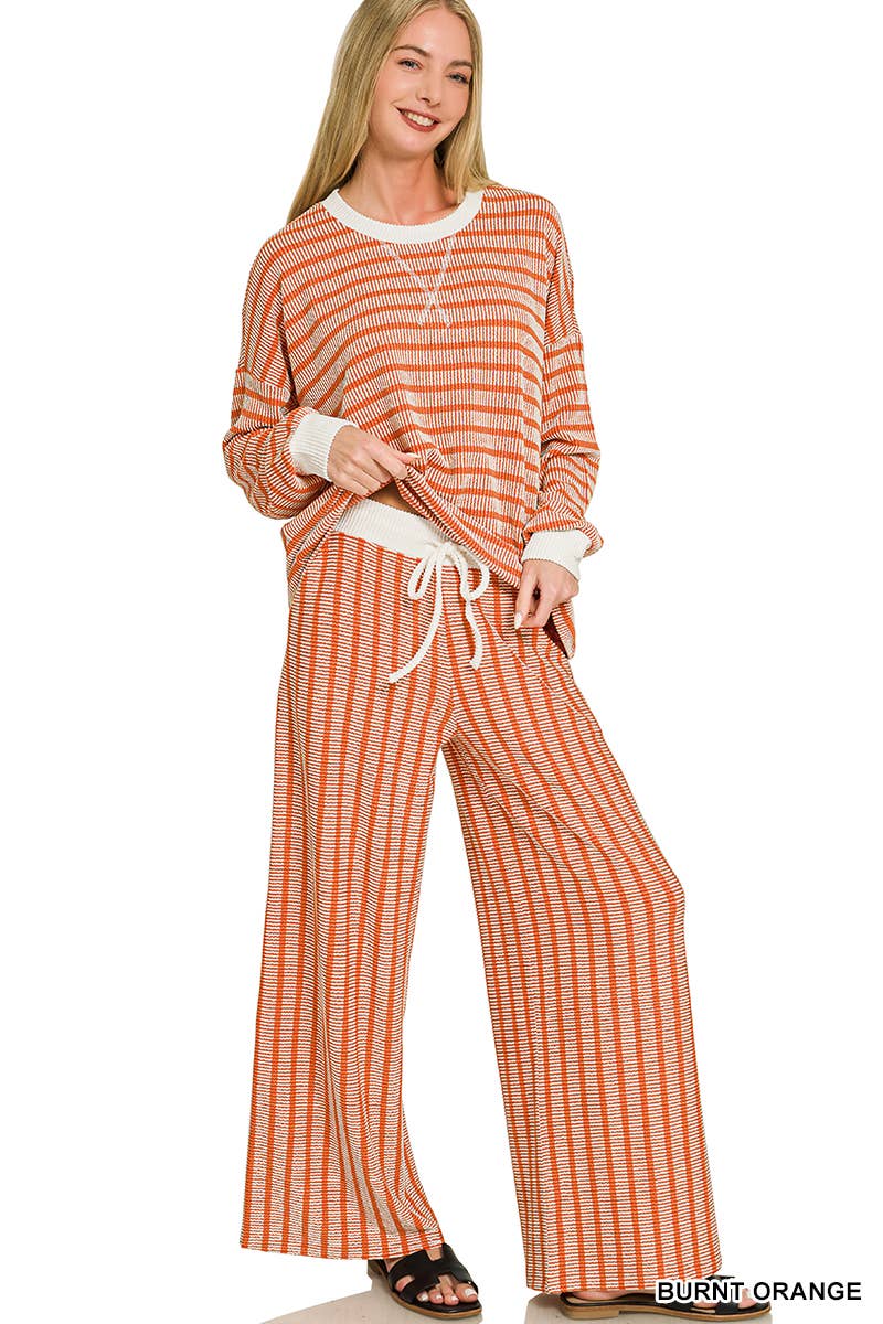 Raised Rib Striped Pullover & Pants 2PC Set