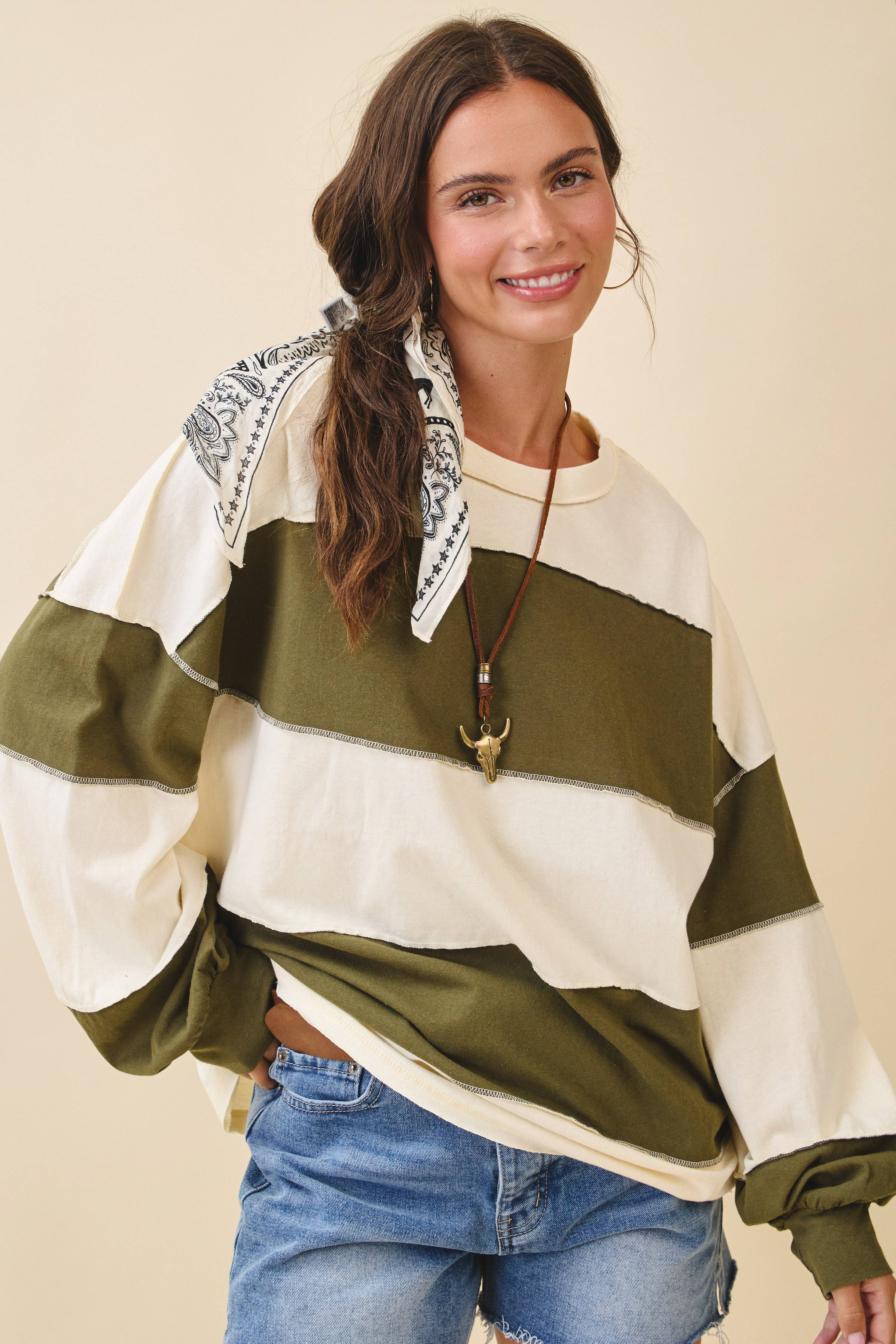 8551GN Contrast Panel Long Sleeve Slouchy Top